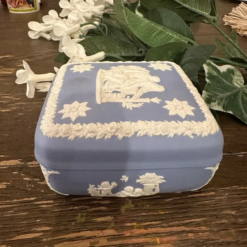Wedgwood Vintage Jasperware Square Box w/Lid Greek Myth‎ Pale Blue